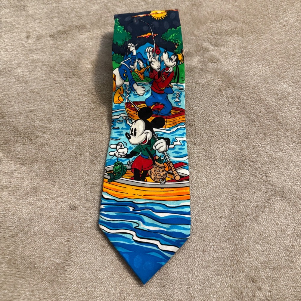 Disney Store Mickey Mouse Donald Goofy Fishing Silk Tie Vintage Mens Blue